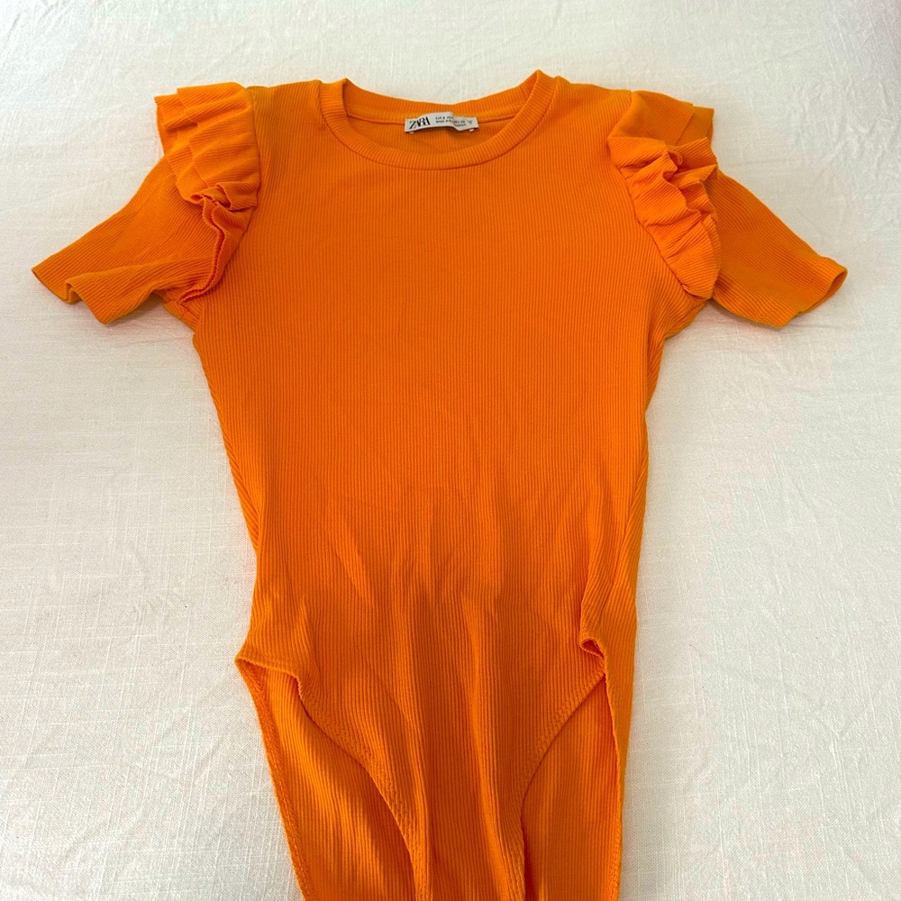 Zara  Vibrant Orange Ruffle Bodysuit
